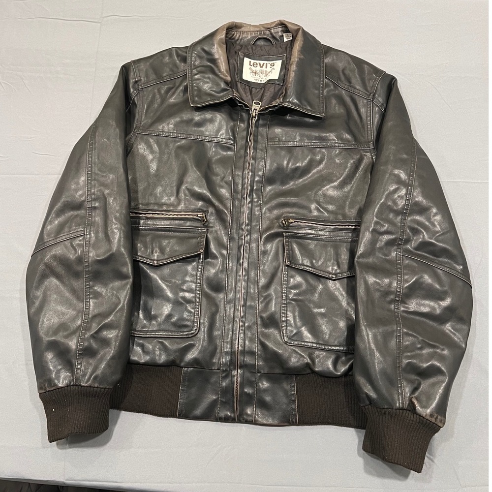 Levis Mens Leather Bomber Jacket Brown Distressed Flight Coat Large